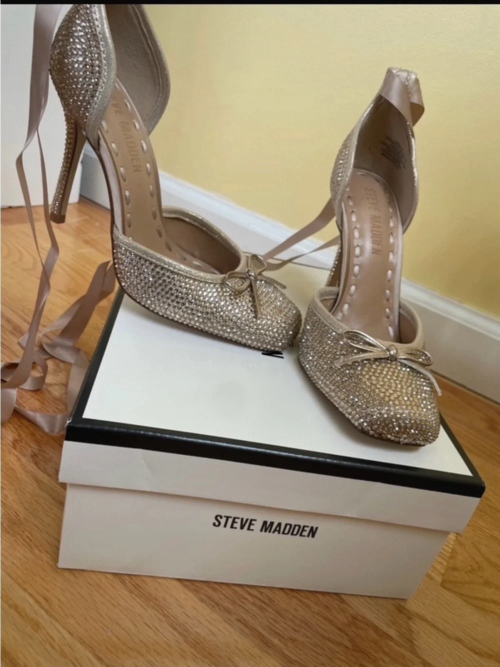 Steve Madden Rhinestone Champagne Heels with Ankle Ribbons